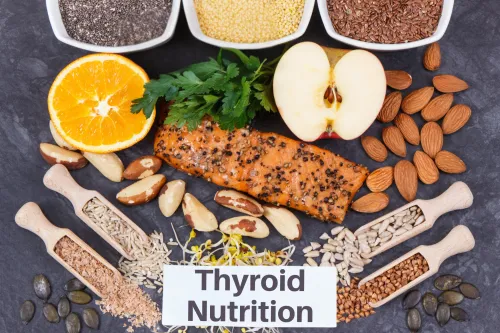 A flat lay of nutrient-dense foods supporting thyroid health, including salmon, Brazil nuts, seeds, and leafy greens, labeled 'Thyroid Nutrition'.